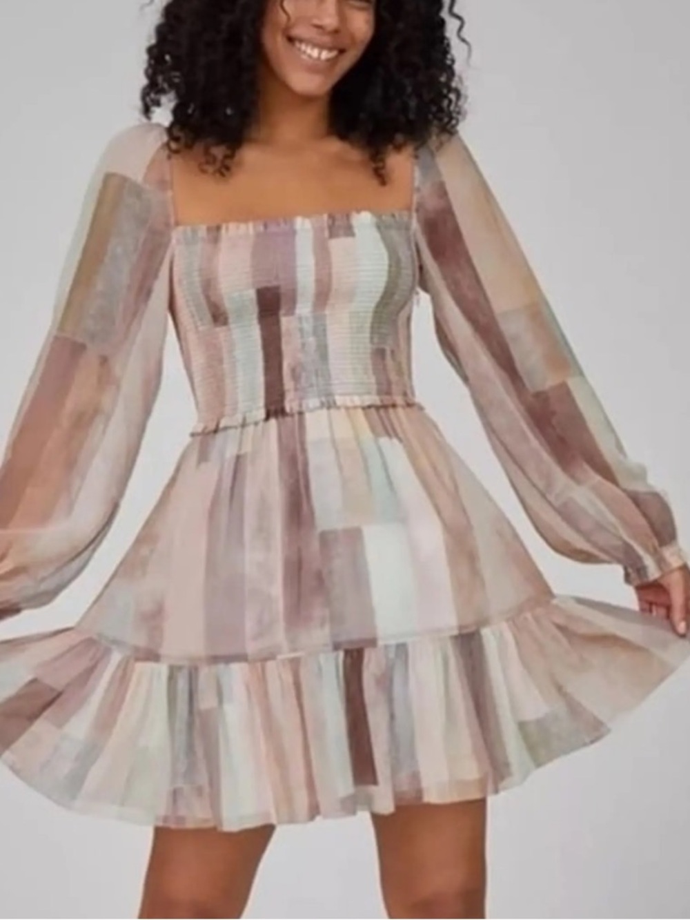 Aritzia Smocked Patchwork Mini Dress — Mauve & Blush Tones size S - Picture 12 of 14